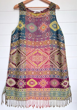 ARY Collection Boho Tapestry Tunic Fringe Dress Colorful Tribal Aztec Festival